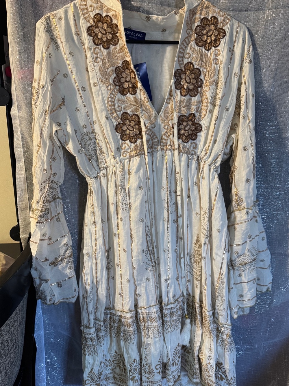 Royal Faa Ivory Embroidered Midi Dress with Gold Floral Detail